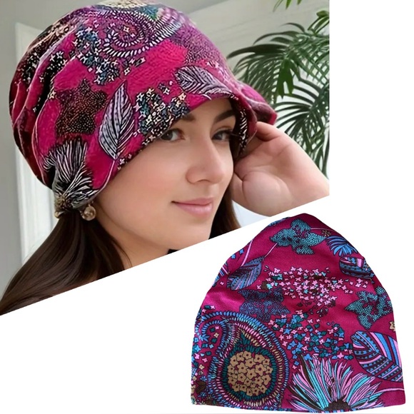 NWOT Bohemian Flower Print Versatile Slouchie Beanie - Picture 2 of 10